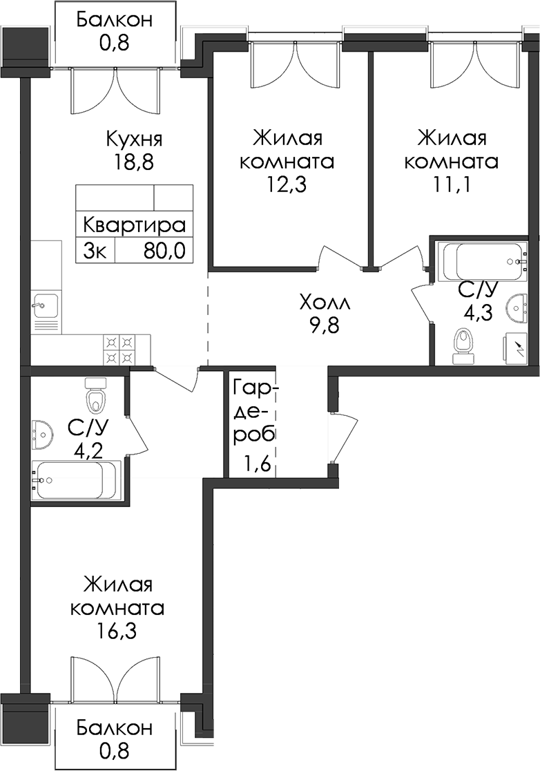 3-комнатная квартира 80 м², 7/9 эт., ЖК «Лермонтовский 54»